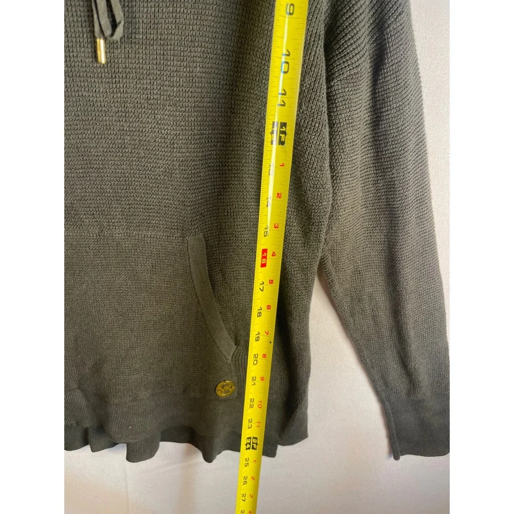 Michael Kors Womens Olive Green Waffle Knit Hoodie‎ Sweater Gold Logo Size L